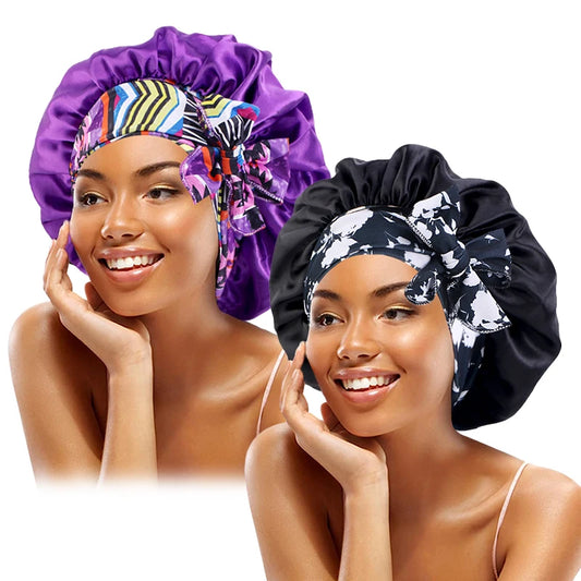 2PCS/LOT Boho Printed Headband Satin Bonnet Lace up Bowknot Hair Bonnet Elastic Sleeping Night Cap Shower Bath Bonnets for Women