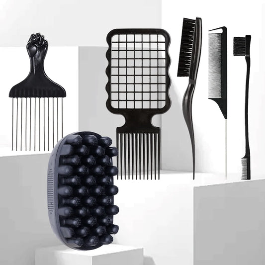 6Pcs Professional Curly Hair Sponge Twist Brush Magic Afro Comb Rat Tail Comb Durable Rubber Fork Comb Curly Hair Styling Tools