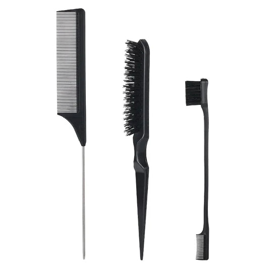 3-Piece Slick Back Hair Brush Set with Bristle Brush and Teasing Comb for Black Hair Care