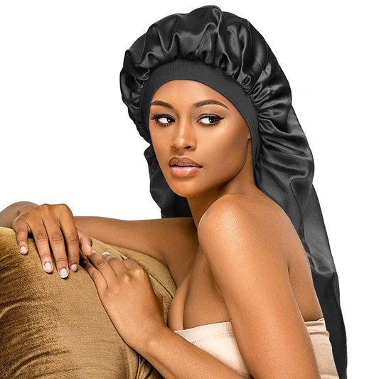 Long Satin Bonnet Sleep Cap,Black Extra Large Silk Bonnet for Natural Hair, Bonnets for Women Night Sleep,Wide Elastic Band, Very Soft & Comfortable (Black)